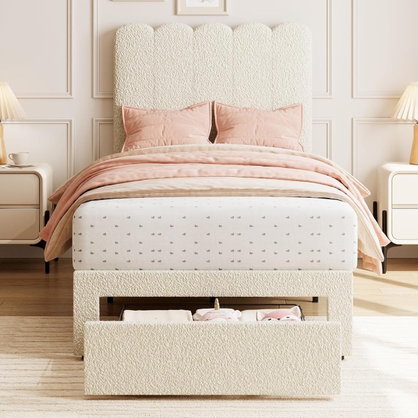 Twin Bed Frame with Under-Bed Drawer, White Boucle Upholstered Platform Bed