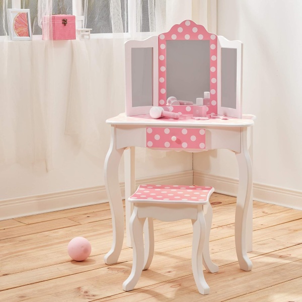 Teamson Kids Princess Gisele Polka Dot Print 2-Piece Kids Wooden Play Vanity Set - Image 3