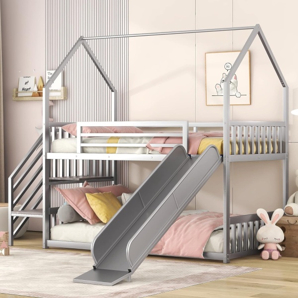 House Bunk Bed Twin Over Twin, Low Bunk Bed with Slide and Storage Stairs