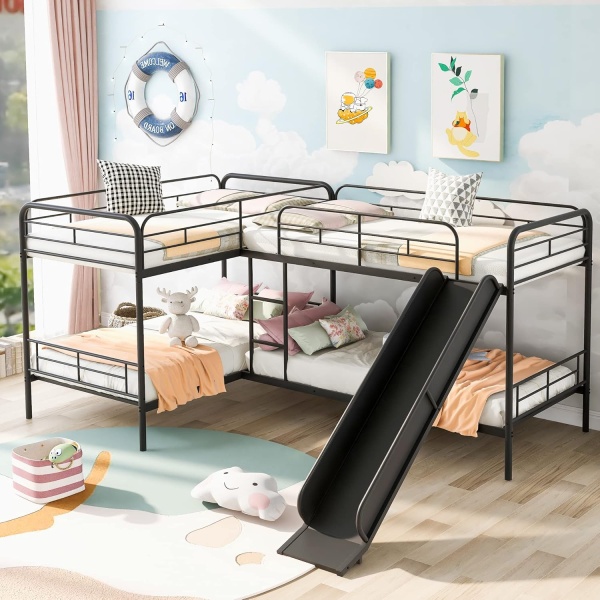 Quad Bunk Beds with Slide L-Shape Bunk Bed for 4 Twin Over Twin Metal Bunked