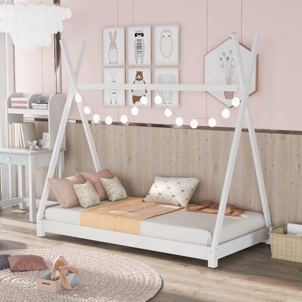 Twin House Beds Wood House Floor Bed Frame Montessori Style Teepee Bed