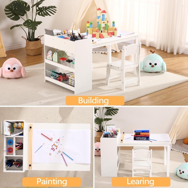 Kids Art Table with 2 Chairs, Toddler Craft Play Wood Activity Desk - Image 3