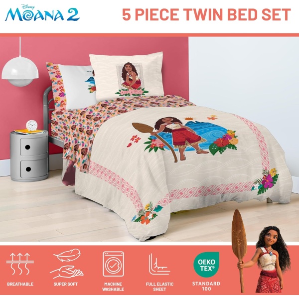 Jay Franco Disney Moana Twin Comforter Set - 5 Piece Bedding Includes Sheet Set - Image 4