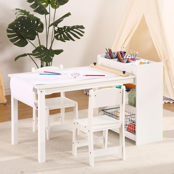 Kids Art Table with 2 Chairs, Toddler Craft Play Wood Activity Desk - Image 2