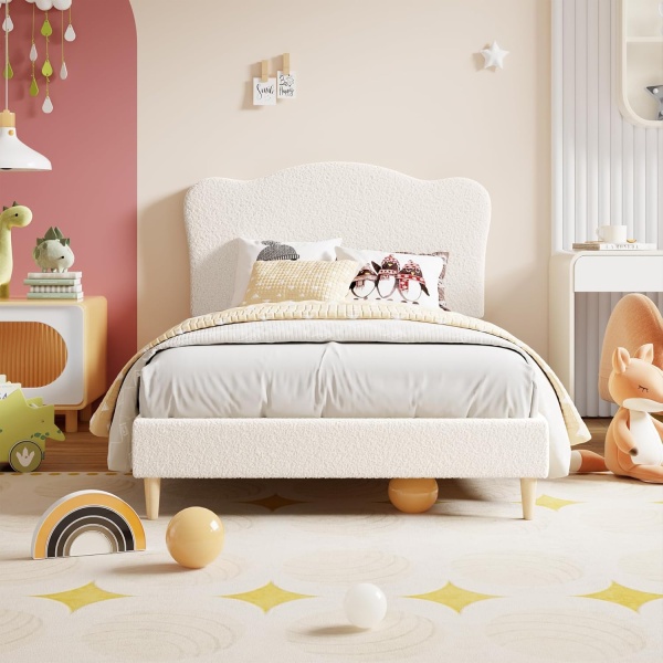 Upholstered Twin Size Bed Frame for Kids with Scallop Headboard, Cute Velvet - Image 4