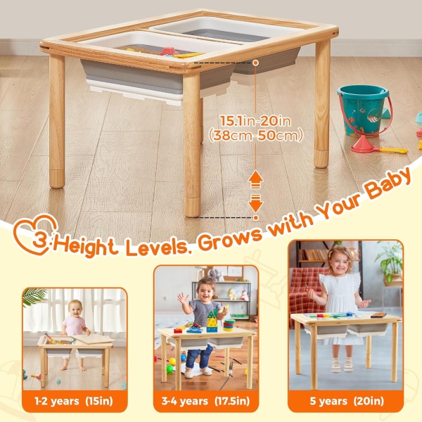 FUNLIO Wooden Sensory Table with 2 Bins for Toddlers 1-5, 3-Level Height - Image 3