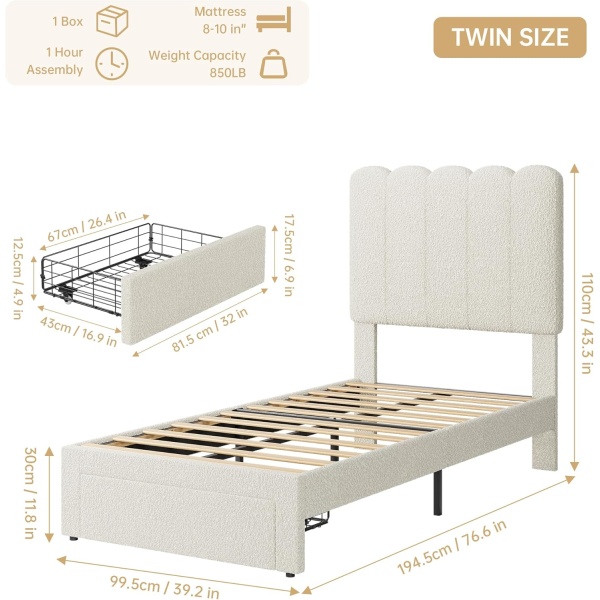 Twin Bed Frame with Under-Bed Drawer, White Boucle Upholstered Platform Bed - Image 2