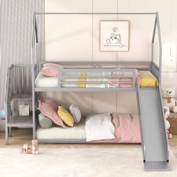 House Bunk Bed Twin Over Twin, Low Bunk Bed with Slide and Storage Stairs - Image 3