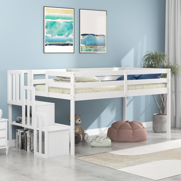 Bellemave Low Loft Bed with Stairs Twin Loft Bed with Storage Wood Bed Frame