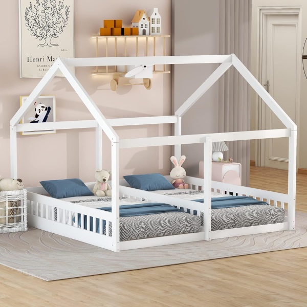 Twin House Bed for 2 Kids Wood Double Floor Beds Frame with Fence Railings