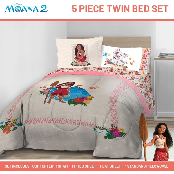 Jay Franco Disney Moana Twin Comforter Set - 5 Piece Bedding Includes Sheet Set - Image 2