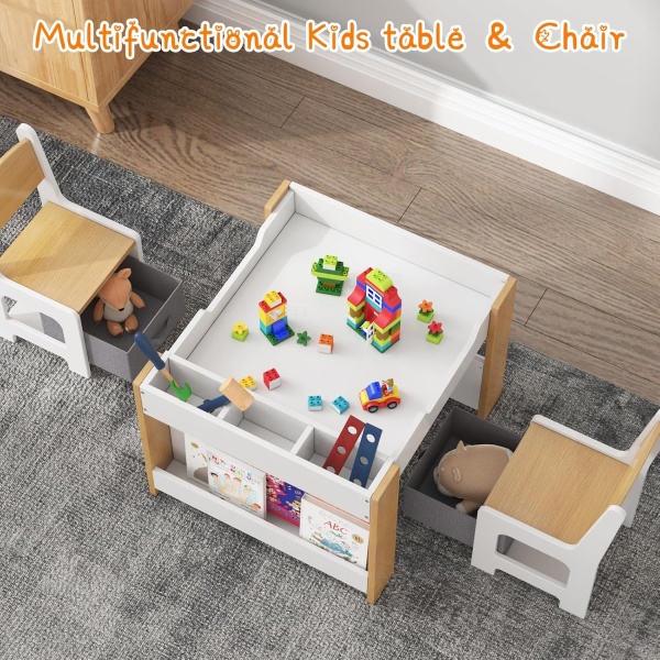 Kids Table and Chair Set, 4 in 1 Wooden Activity Table & 2 Chairs with Storage - Image 7