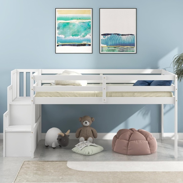 Bellemave Low Loft Bed with Stairs Twin Loft Bed with Storage Wood Bed Frame - Image 7