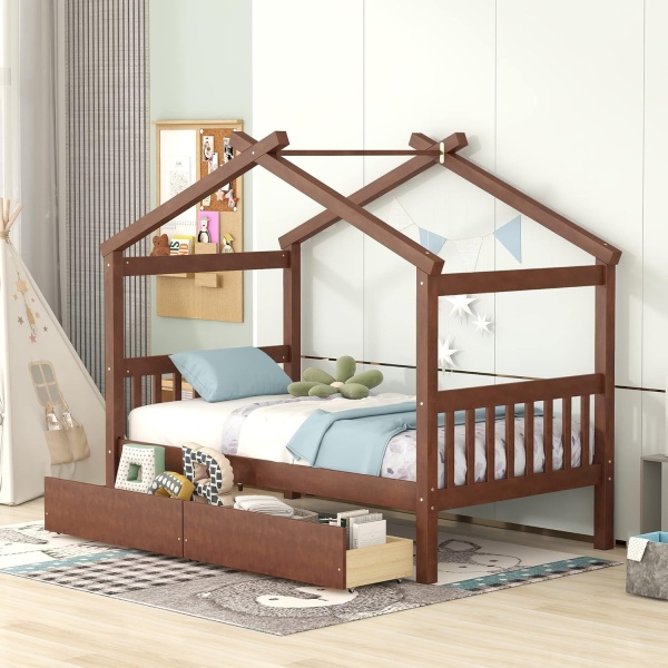 Twin Size House Bed with 2 Storage Drawers Wooden Kids Montessori House Bed
