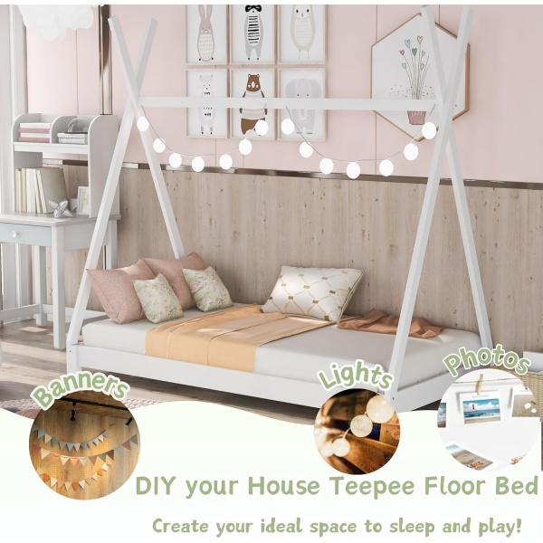 Twin House Beds Wood House Floor Bed Frame Montessori Style Teepee Bed - Image 3