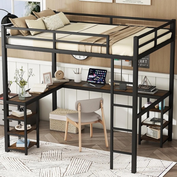 Full Size Loft Bed with Desk and Storage Shelves, Heavy Duty Loft Bed with Desk - Image 4