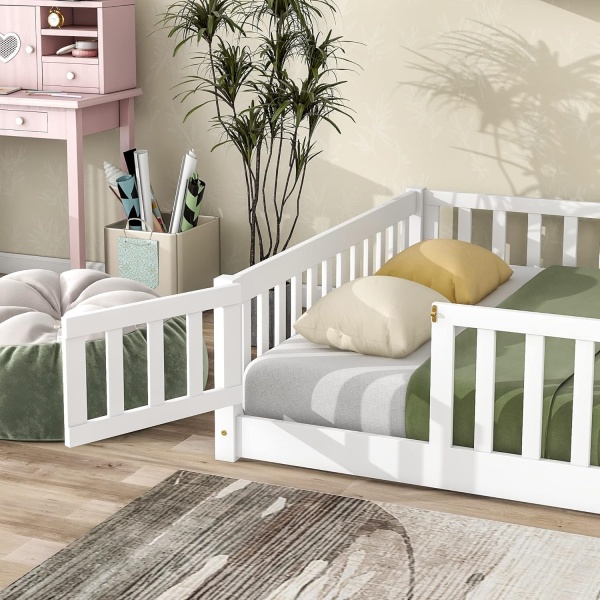 Full Size Floor Bed Frame for Kids Wood Montessori Floor Beds with Fence - Image 7