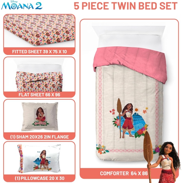 Jay Franco Disney Moana Twin Comforter Set - 5 Piece Bedding Includes Sheet Set - Image 3