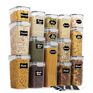 Vtopmart Airtight Food Storage Containers Set with Lids, 15pcs BPA Free Plastic Dry Food Canisters for Kitchen Pantry Organization and Storage, Dishwasher safe,Include 24 Labels, Black