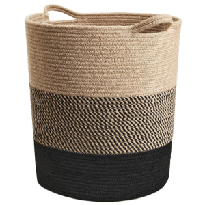 INDRESSME Laundry Basket Large Laundry Hamper, Woven Baskets for Storage, 17.8" x 15.8" x 13.8", Wicker Laundry Basket for Living Room, Dirty Clothes Basket, Baby Hamper for Nursery, Black & Jute