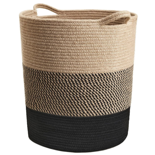 INDRESSME Laundry Basket Large Laundry Hamper, Woven Baskets for Storage, 17.8" x 15.8" x 13.8", Wicker Laundry Basket for Living Room, Dirty Clothes Basket, Baby Hamper for Nursery, Black & Jute