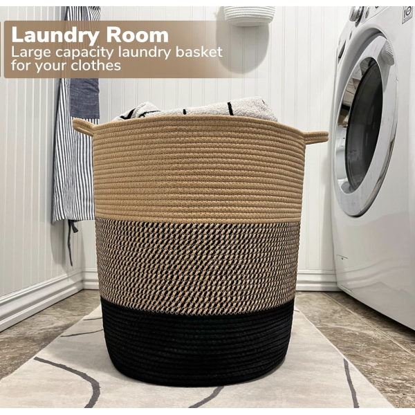 INDRESSME Laundry Basket Large Laundry Hamper, Woven Baskets for Storage, 17.8" x 15.8" x 13.8", Wicker Laundry Basket for Living Room, Dirty Clothes Basket, Baby Hamper for Nursery, Black & Jute - Image 2