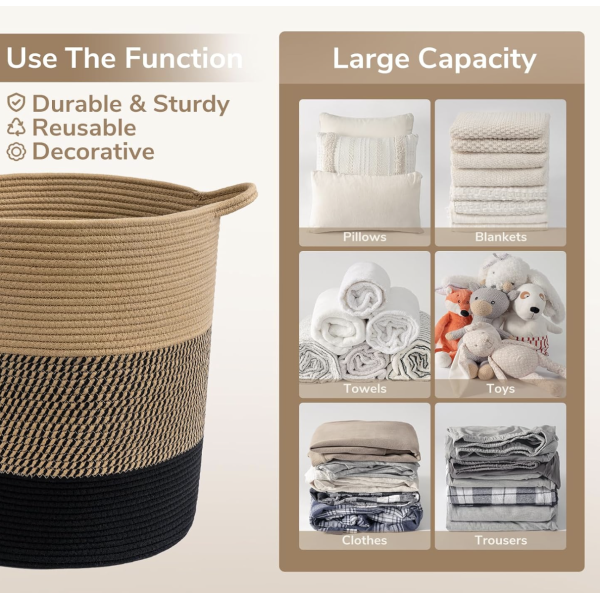 INDRESSME Laundry Basket Large Laundry Hamper, Woven Baskets for Storage, 17.8" x 15.8" x 13.8", Wicker Laundry Basket for Living Room, Dirty Clothes Basket, Baby Hamper for Nursery, Black & Jute - Image 3