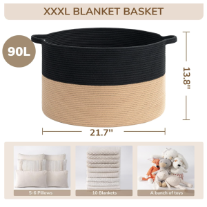 INDRESSME XXXLarge Cotton Rope Basket Woven Baby Laundry Basket Blanket Baskets Toy Baskets with Handle Comforter Cushions Storage Bin Thread Laundry Hamper - 21.7" x 21.7" x 13.8"