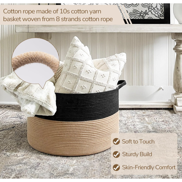INDRESSME XXXLarge Cotton Rope Basket Woven Baby Laundry Basket Blanket Baskets Toy Baskets with Handle Comforter Cushions Storage Bin Thread Laundry Hamper - 21.7" x 21.7" x 13.8" - Image 2