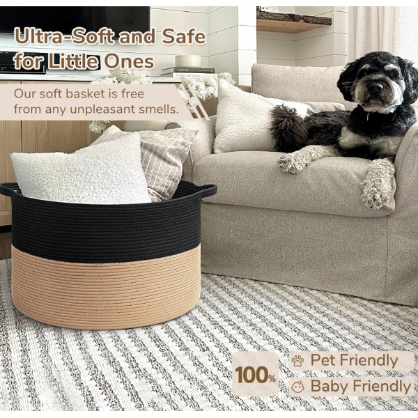 INDRESSME XXXLarge Cotton Rope Basket Woven Baby Laundry Basket Blanket Baskets Toy Baskets with Handle Comforter Cushions Storage Bin Thread Laundry Hamper - 21.7" x 21.7" x 13.8" - Image 3
