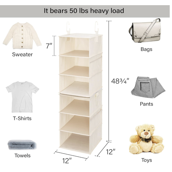 StorageWorks 6-Shelf Closet Organizers, Two 3-Shelf Separable Hanging Shelves for Closet, 12" D x 12" W x 48 3⁄4" H, Mixing of Beige, White & Ivory - Image 2