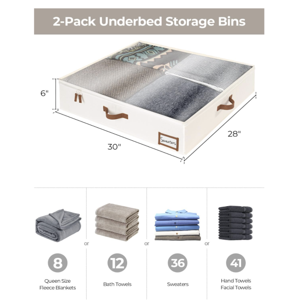 StorageWorks Underbed Storage Box, Under Bed Clothes Organizer With Sturdy Structure and Ultra Thick Fabric, Beige, 30" L x 28" W x 6" H, 2 pack - Image 2