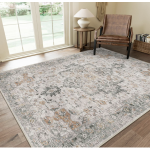 GENIMO 9x12 Area Rugs for Living Room, Non Slip Machine Washable Vintage Rugs, Low Pile Lightweight Chenille Print Large Rug for Bedroom, Dining Room, Home Office, Light Taupe Brown