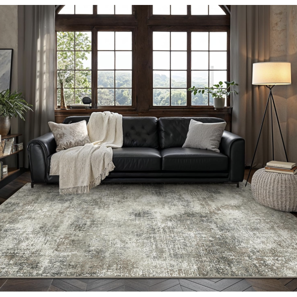 GENIMO Washable Area Rugs for Living Room Bedroom, 9x12 Modern Abstract Non Slip Rug, Low Pile Soft Contemporary Indoor Floor Carpet Cover for Dining Room Kitchen, Slate