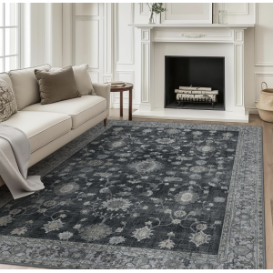 Washable Rugs 9X12 Area Rugs for Living Room, Thin Indoor Chenille Low Pile Rug for Bedroom Rug, Vintage Boho Lightweight Carpet for Dining Room Kitchen Office Floor, Charcoal