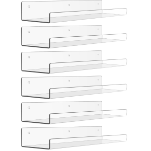 upsimples 6 Pack Acrylic Shelves for Wall Storage, 15" x 4“ Floating Bookshelves for Kids, Display Shelf Organizer for Bathroom, Bedroom, Living Room, Kitchen, Room Decor, Clear