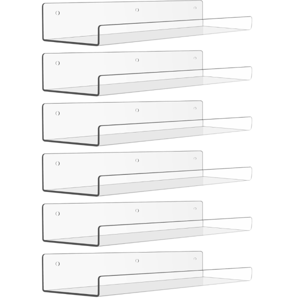 upsimples 6 Pack Acrylic Shelves for Wall Storage, 15" x 4“ Floating Bookshelves for Kids, Display Shelf Organizer for Bathroom, Bedroom, Living Room, Kitchen, Room Decor, Clear