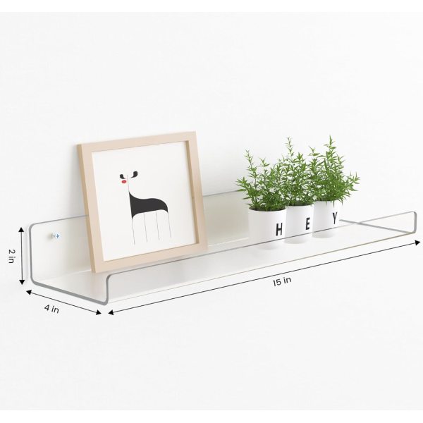 upsimples 6 Pack Acrylic Shelves for Wall Storage, 15" x 4“ Floating Bookshelves for Kids, Display Shelf Organizer for Bathroom, Bedroom, Living Room, Kitchen, Room Decor, Clear - Image 2
