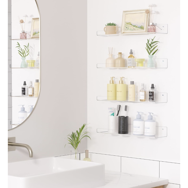 upsimples 6 Pack Acrylic Shelves for Wall Storage, 15" x 4“ Floating Bookshelves for Kids, Display Shelf Organizer for Bathroom, Bedroom, Living Room, Kitchen, Room Decor, Clear - Image 3