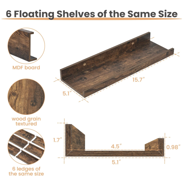 Upsimples Floating Shelves for Wall, Wall Shelves for Decor Storage Set of 6, Wall Mounted Wood Shelves for Bedroom, Living Room, Bathroom, Kitchen, Picture Ledge Shelves, Brown - Image 3