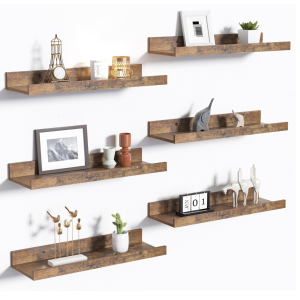 Upsimples Floating Shelves for Wall, Wall Shelves for Decor Storage Set of 6, Wall Mounted Wood Shelves for Bedroom, Living Room, Bathroom, Kitchen, Picture Ledge Shelves, Brown