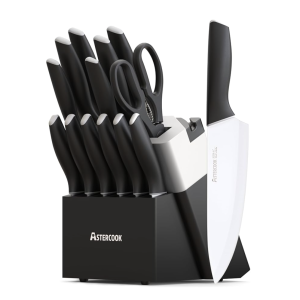 Astercook Knife Set, Kitchen Knives with Block and Sharpener 15 Pcs German Stainless Steel Knives Sharp Blade Dishwasher Safe Deba Knives with Ergonomic Handle, Elegant Black